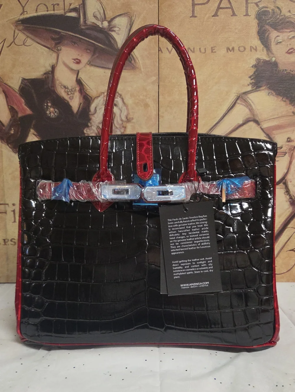 Santo By Paolo De Santo Black Croc-Embossed Tote with Red Trim